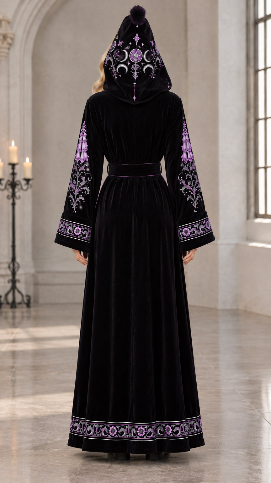 Back view of black hooded velvet maxi robe with celestial moon embroidery