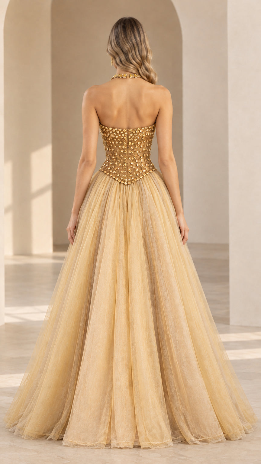 Gold beaded corset ball gown back view showing open back