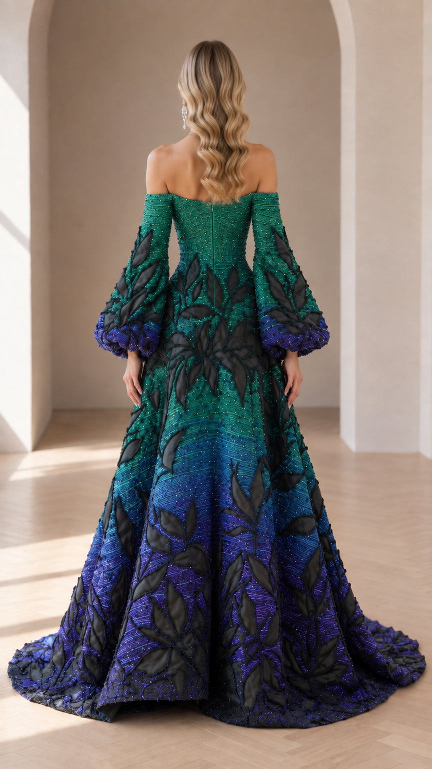 Back view of model wearing off-shoulder green ombre A-line evening dress