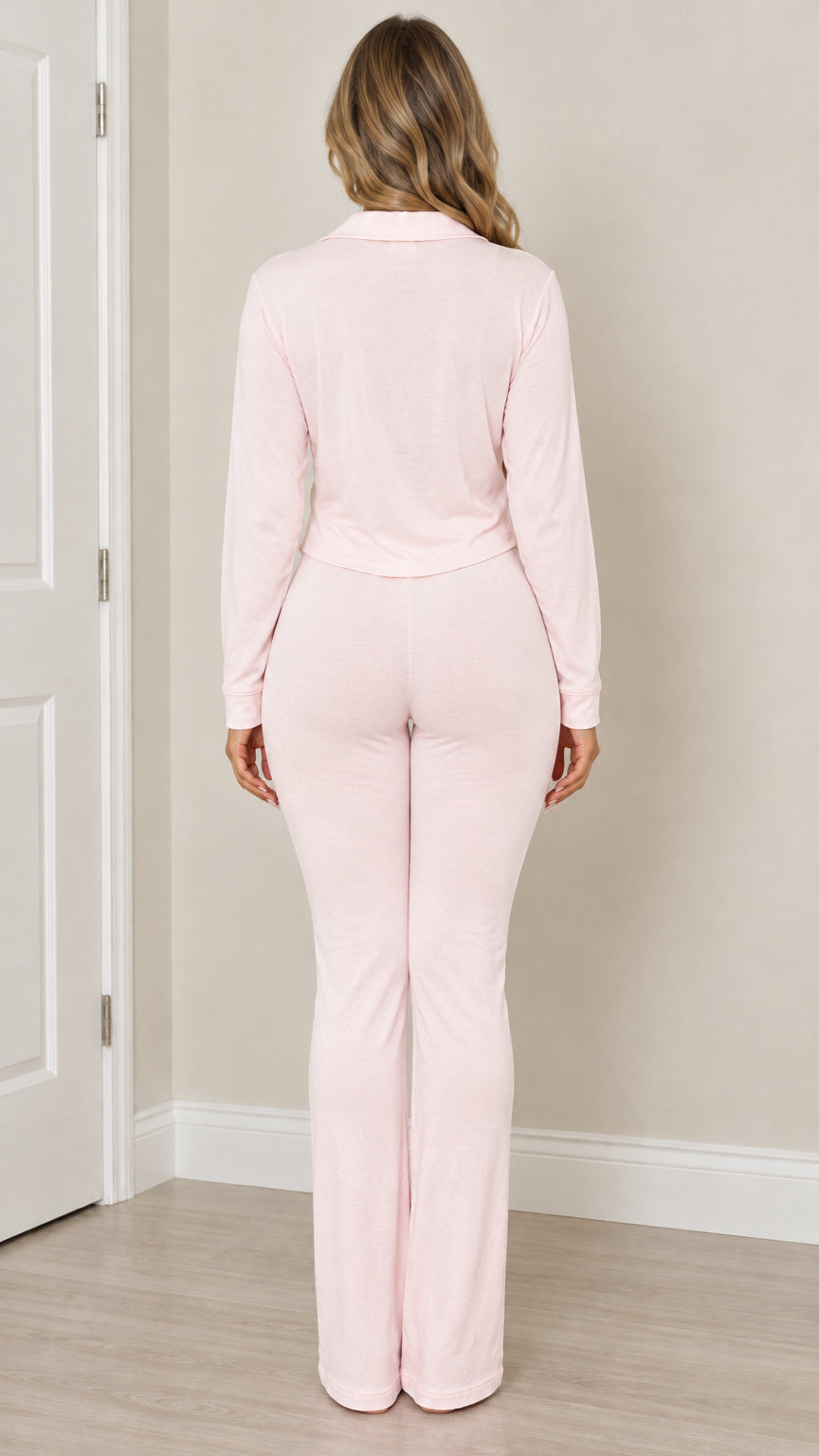 Back full view of woman wearing Light Pink flare pajama set