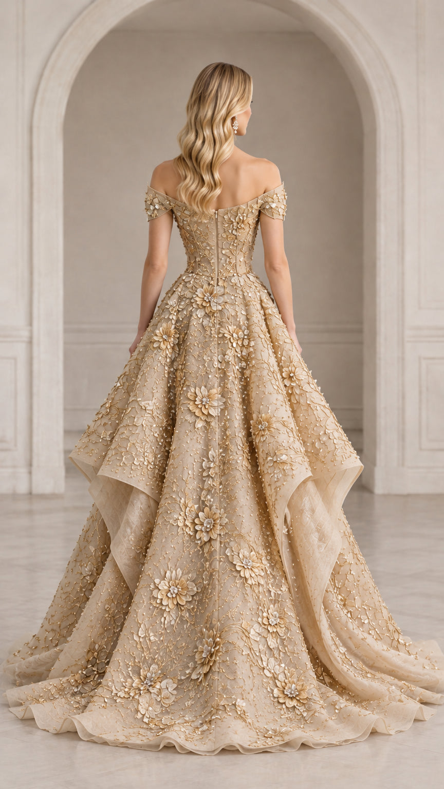 Back view of woman wearing gold off-the-shoulder floral embroidered evening gown with train