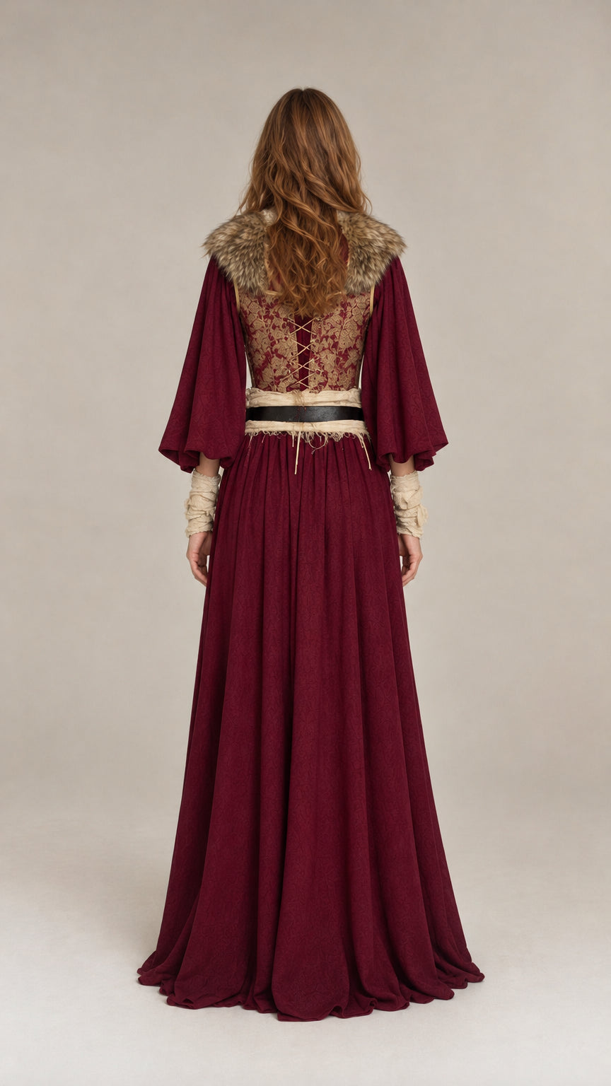 Back view of burgundy Renaissance maxi dress displaying back lace-up corset closure