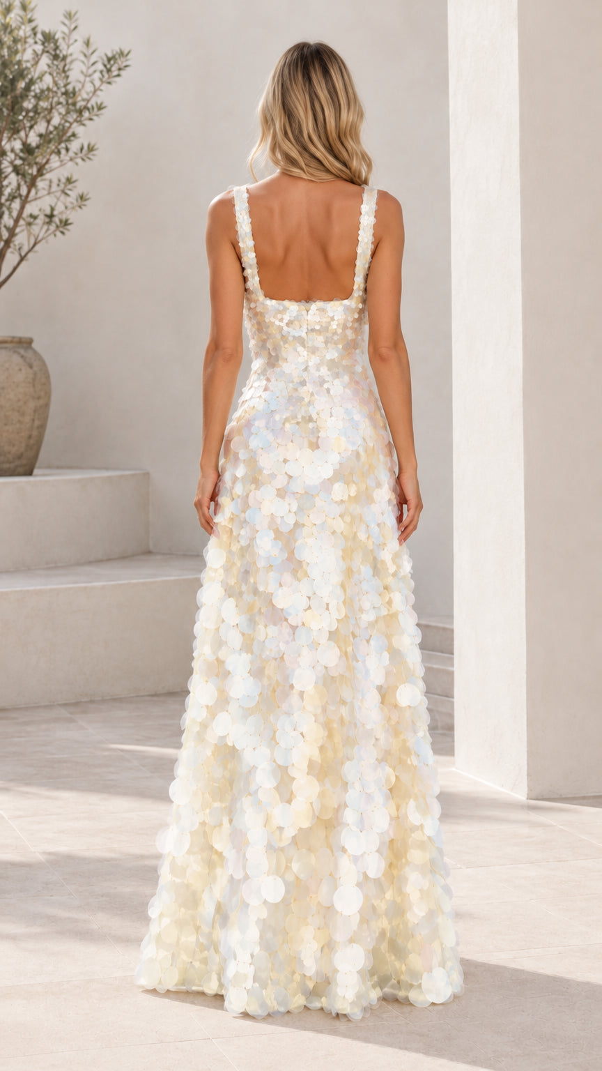 Back view of ivory white square back full length sequin gown