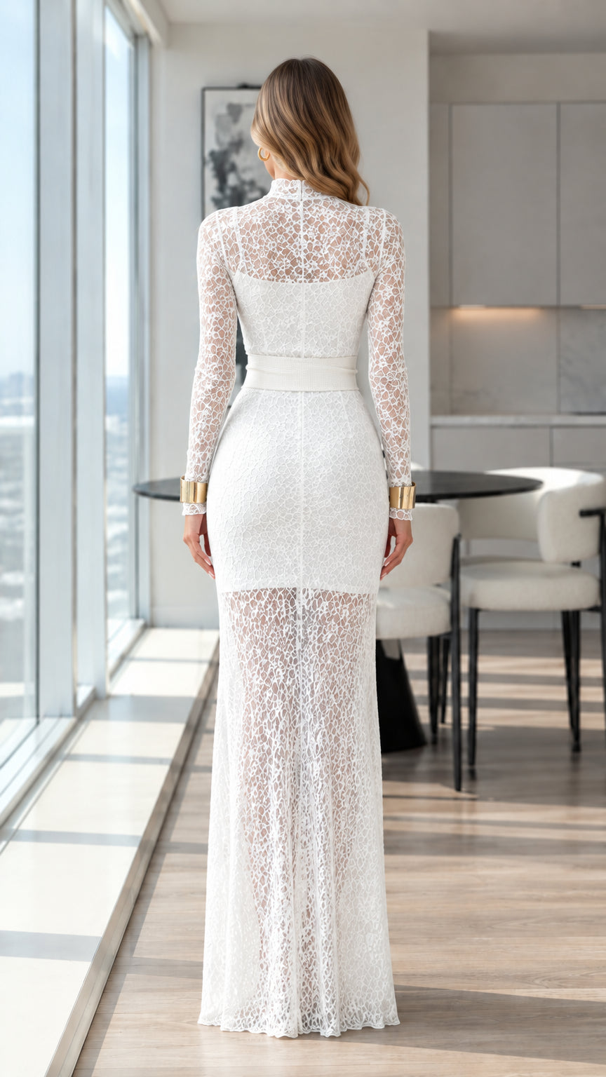 Back full-length view of white floral lace maxi dress highlighting rear silhouette and back zipper