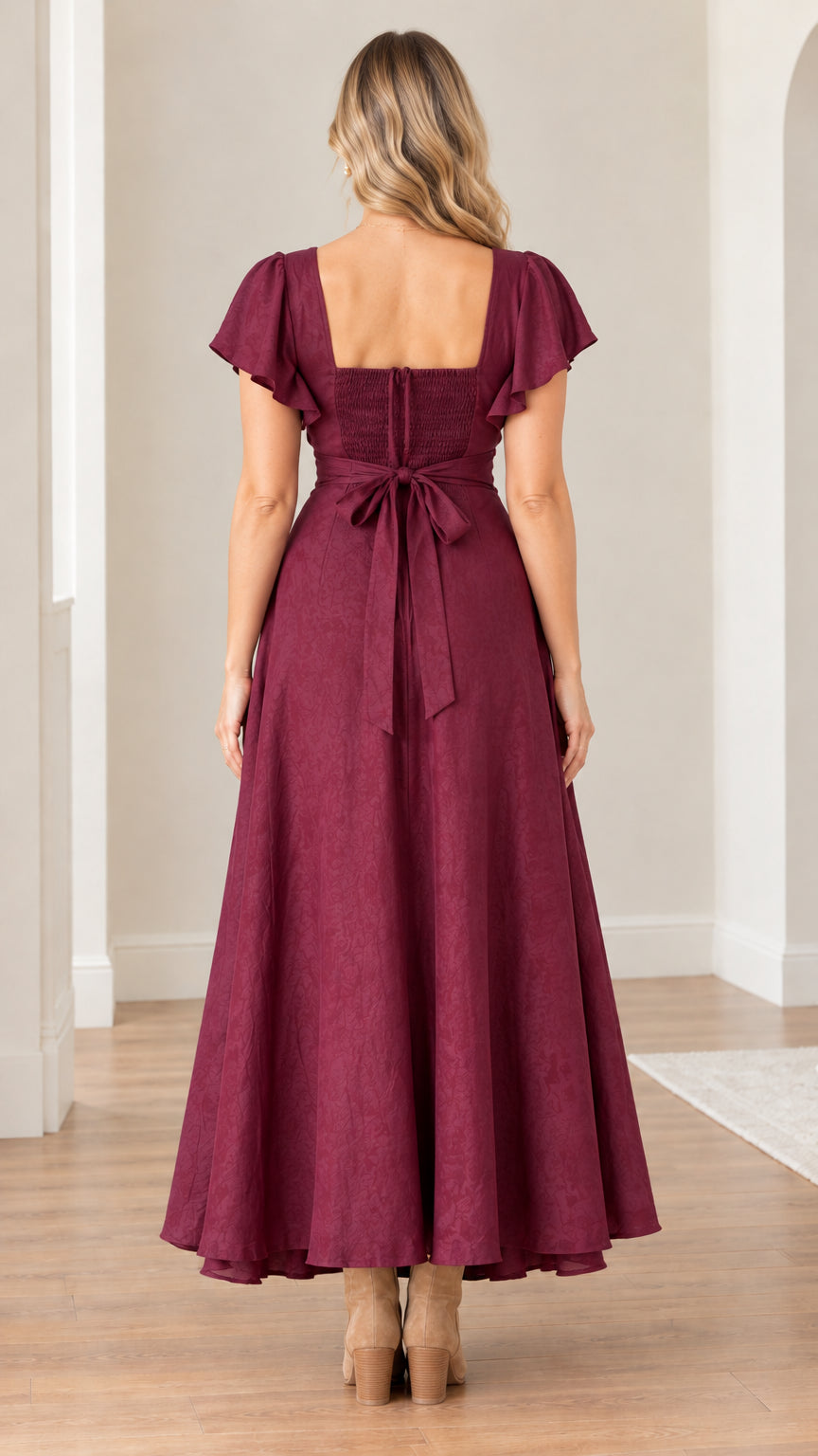 Back view of model wearing a burgundy maxi dress showing smocked bodice and tie sash