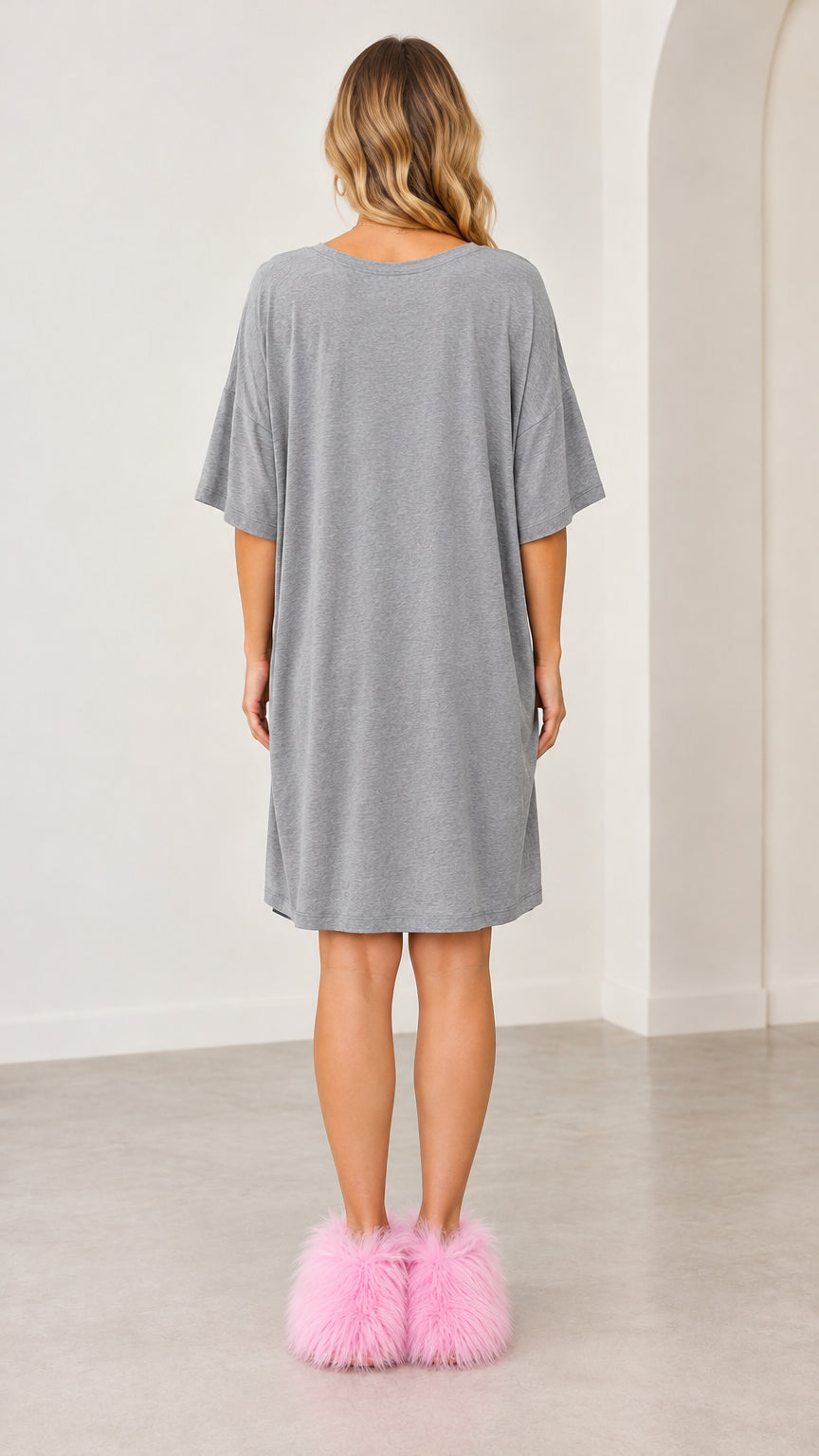 Back view of the grey short sleeve t-shirt lounge dress