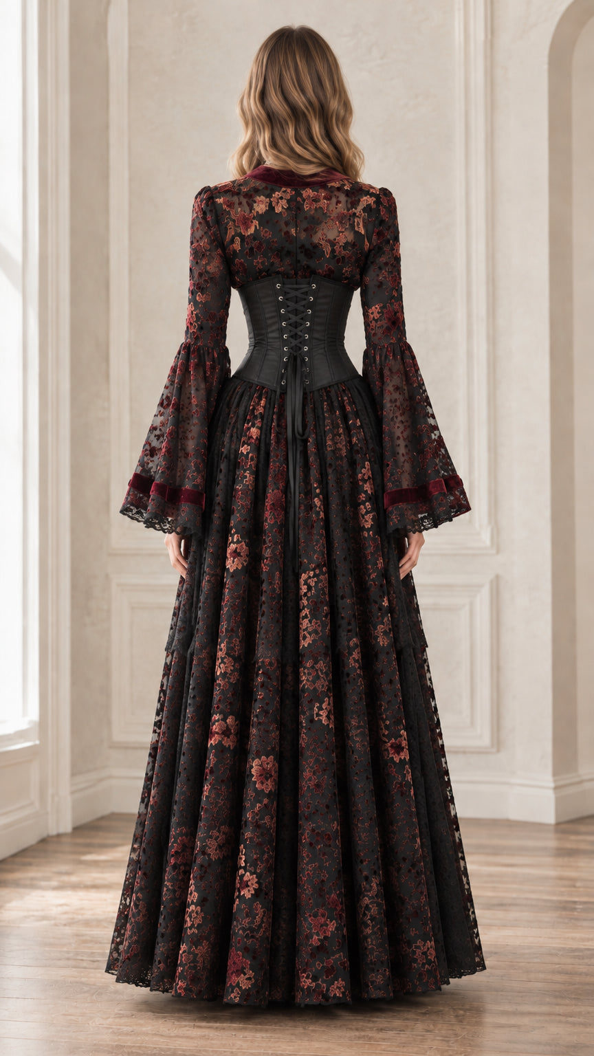 Rear view of Gothic Renaissance dress showing adjustable lace-up corset back detail