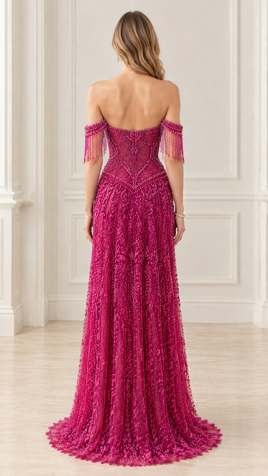 Back view of model in magenta sweetheart neckline beaded evening dress