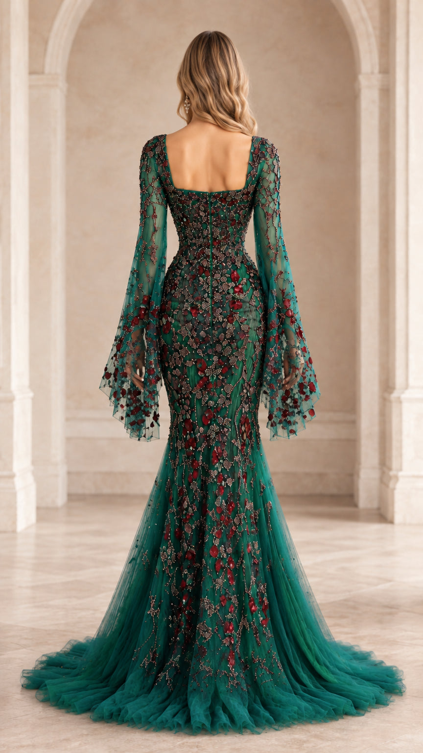 Back view of emerald green square back embellished evening gown with floor-length train