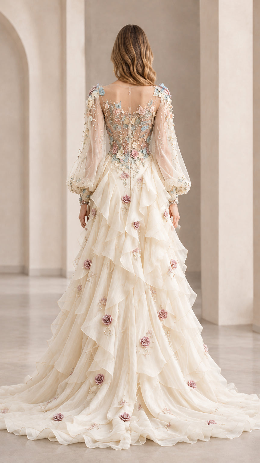 Back view of champagne formal gown highlighting illusion embroidered back and train