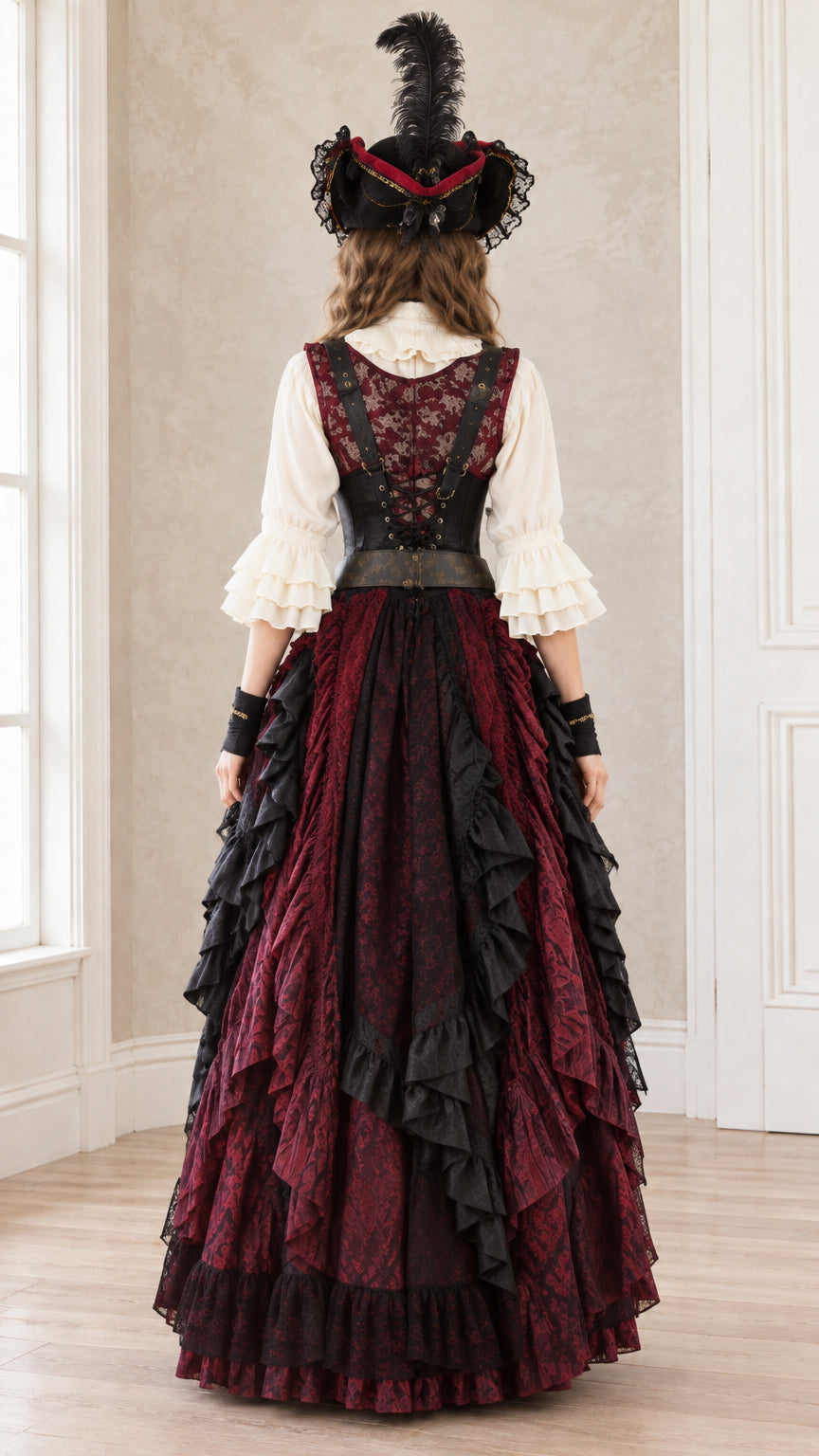 Rear view of burgundy and black steampunk pirate dress ensemble with corset back