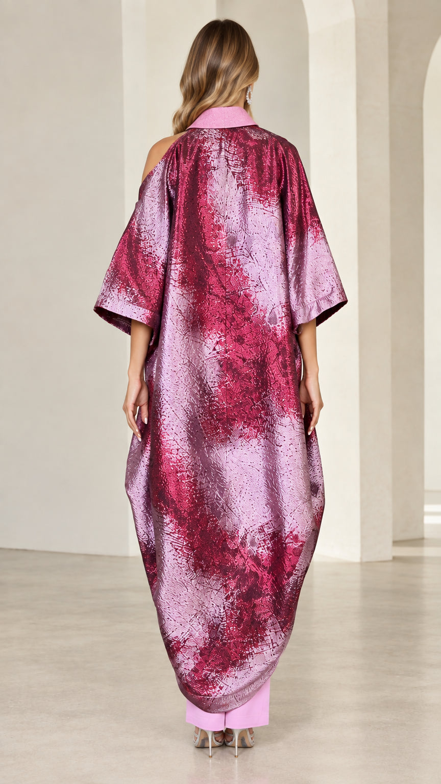 Back view of fuchsia pink draped metallic evening kaftan top and straight-leg trousers