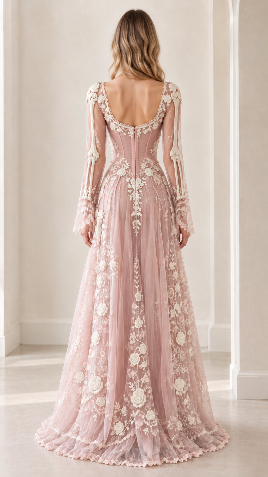 Back view of dusty pink skeleton lace maxi dress showing scooped backline