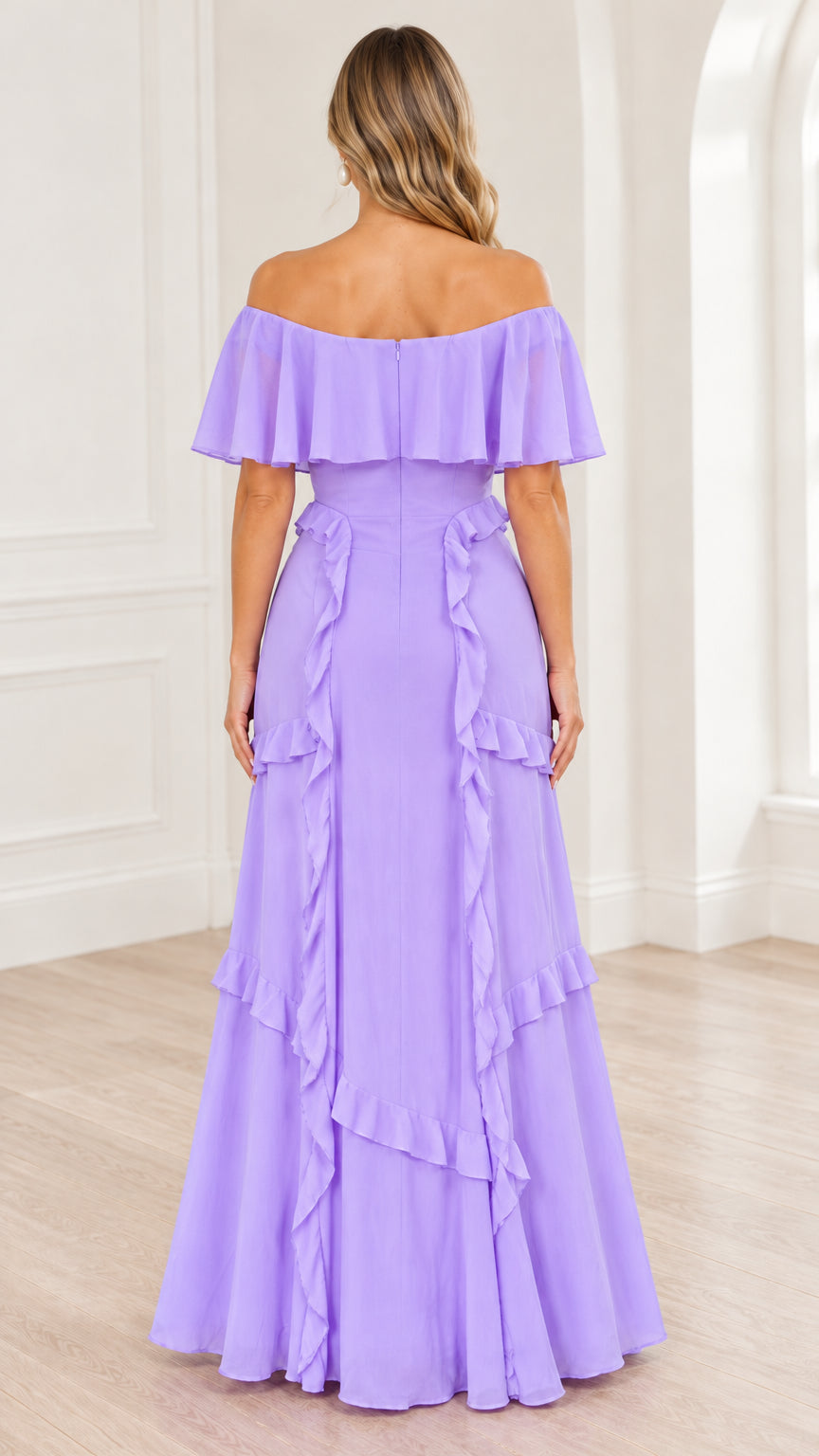 Back view of woman wearing lavender off-the-shoulder maxi dress with ruffled skirt