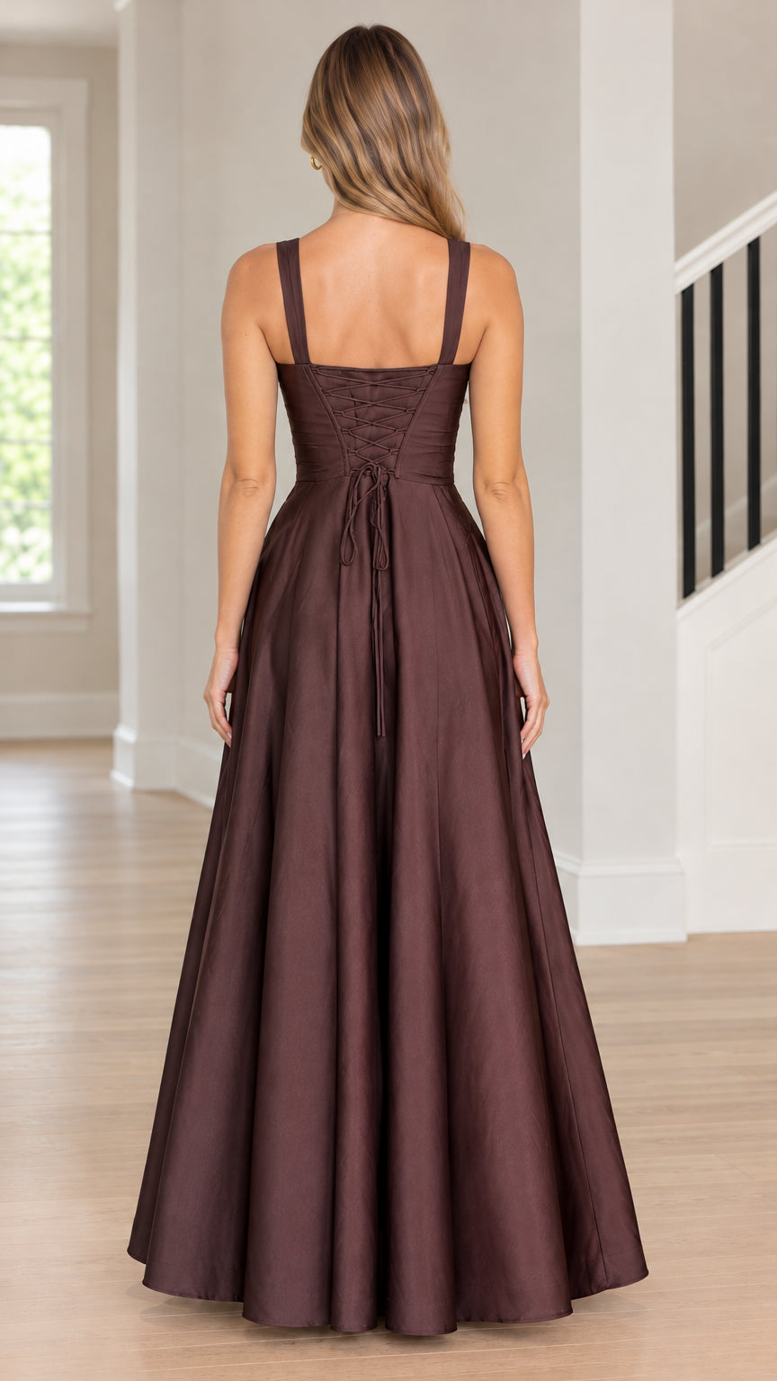Model wearing chocolate brown formal gown showing adjustable corset lace-up back detail