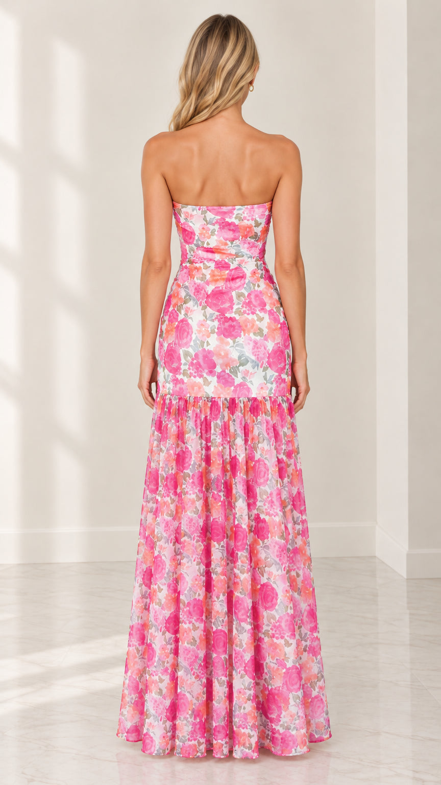 Back full-length view of strapless pink floral maxi dress showing fitted bodice