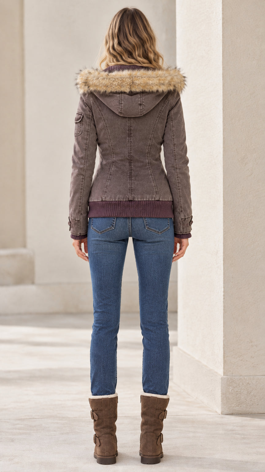 Women's washed brown hooded jacket back view showing fitted waist