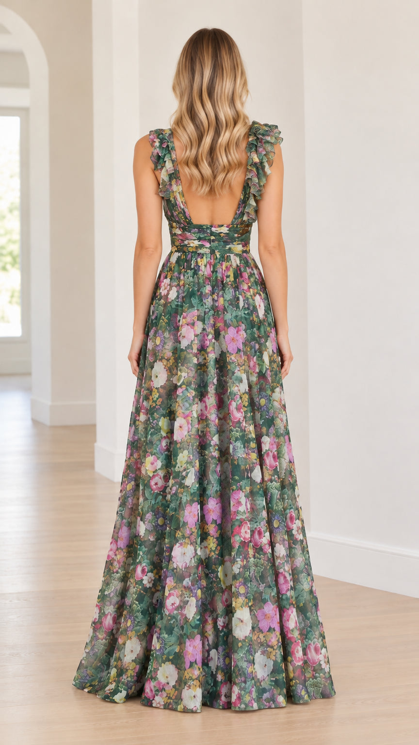 Back view of model in green floral gown highlighting low scooped back and flowing skirt