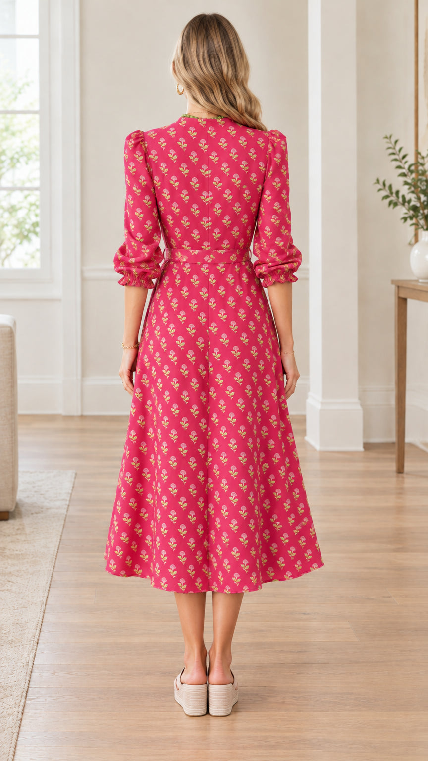 Back view of model wearing hot pink floral print midi dress