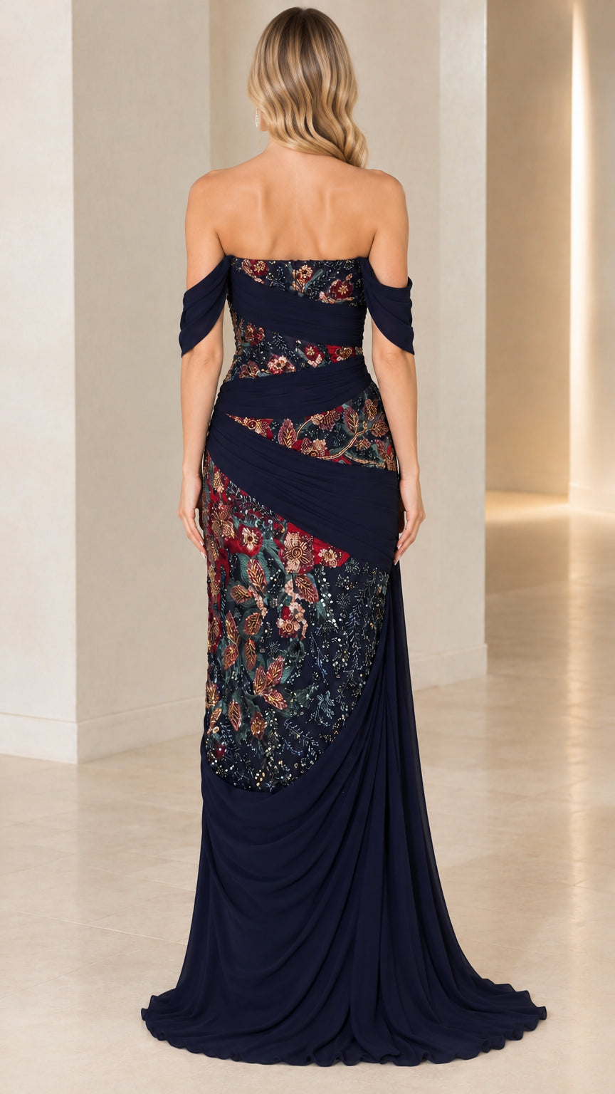 Navy blue ruched evening gown back view with floor-length side drape