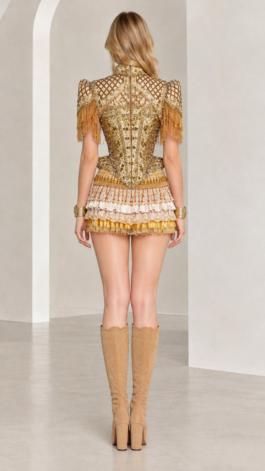 Back view of gold beaded corset dress showing back zipper and tiered ruffle skirt