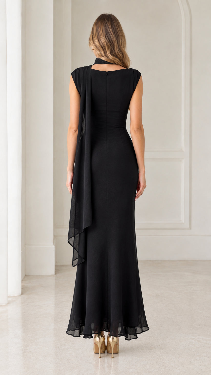 Back full-length view of black formal evening gown showcasing zipper closure and capelet drape
