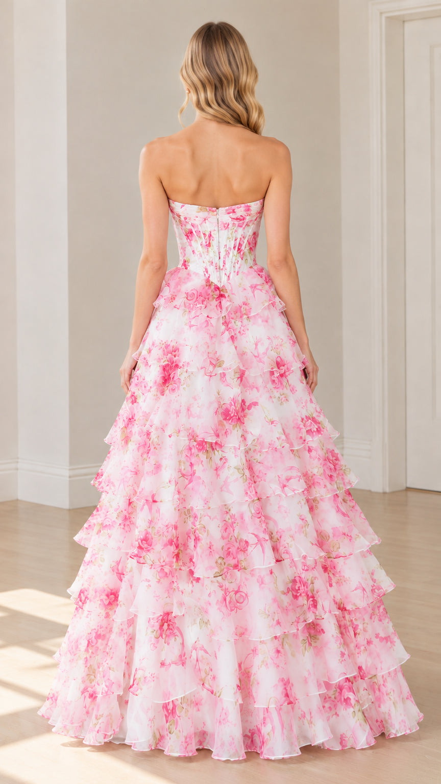 Back view of pink floral strapless corset formal evening dress