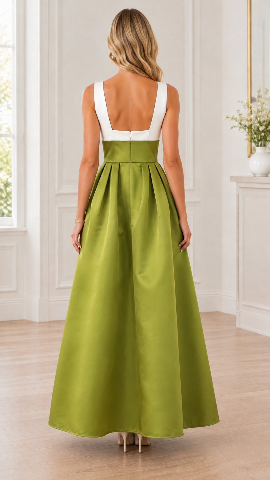 Rear view showing open back and pleated skirt of olive green maxi evening dress