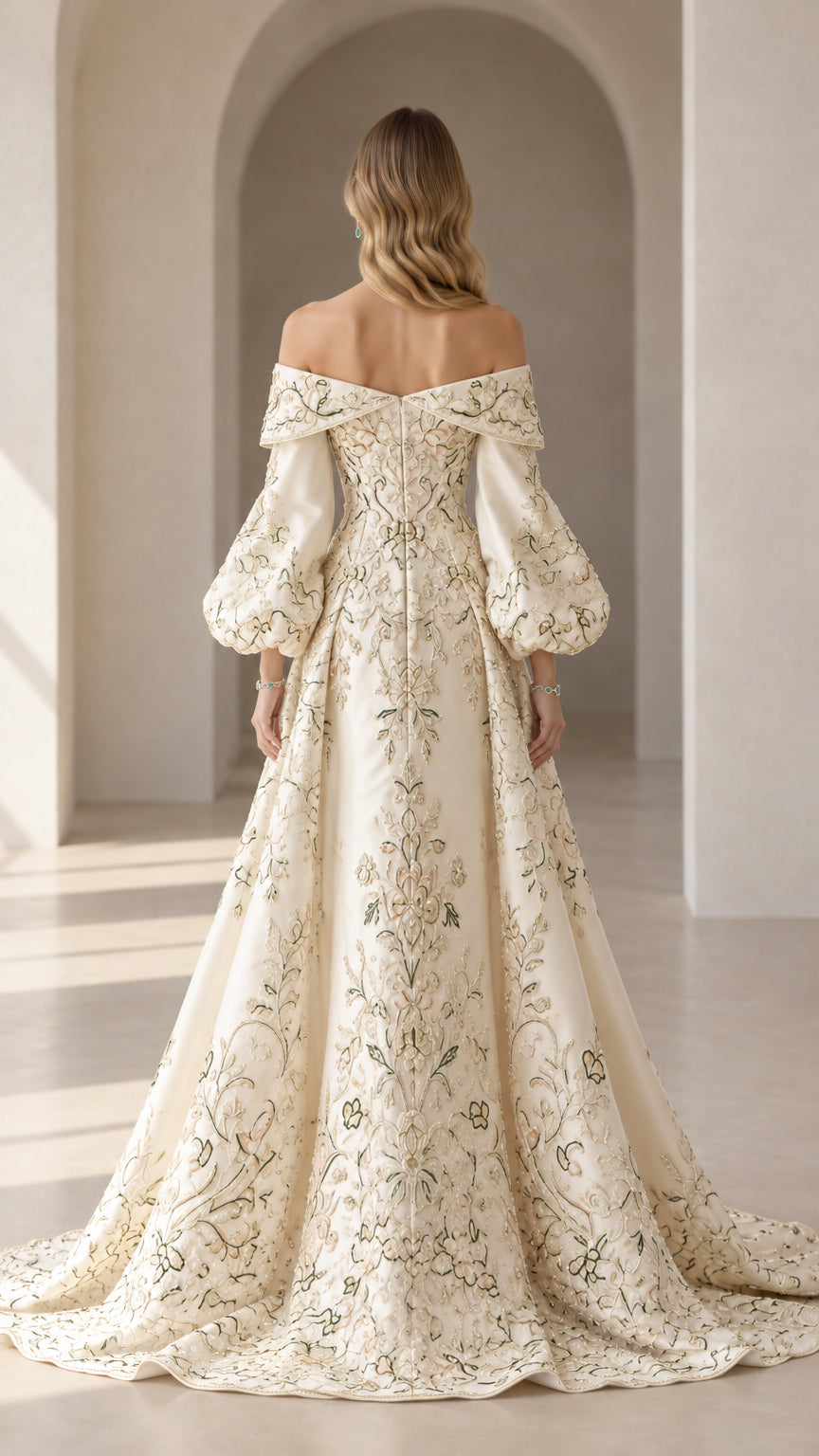 Back view of the ivory off-the-shoulder ballgown showing extended embroidered train and back bodice