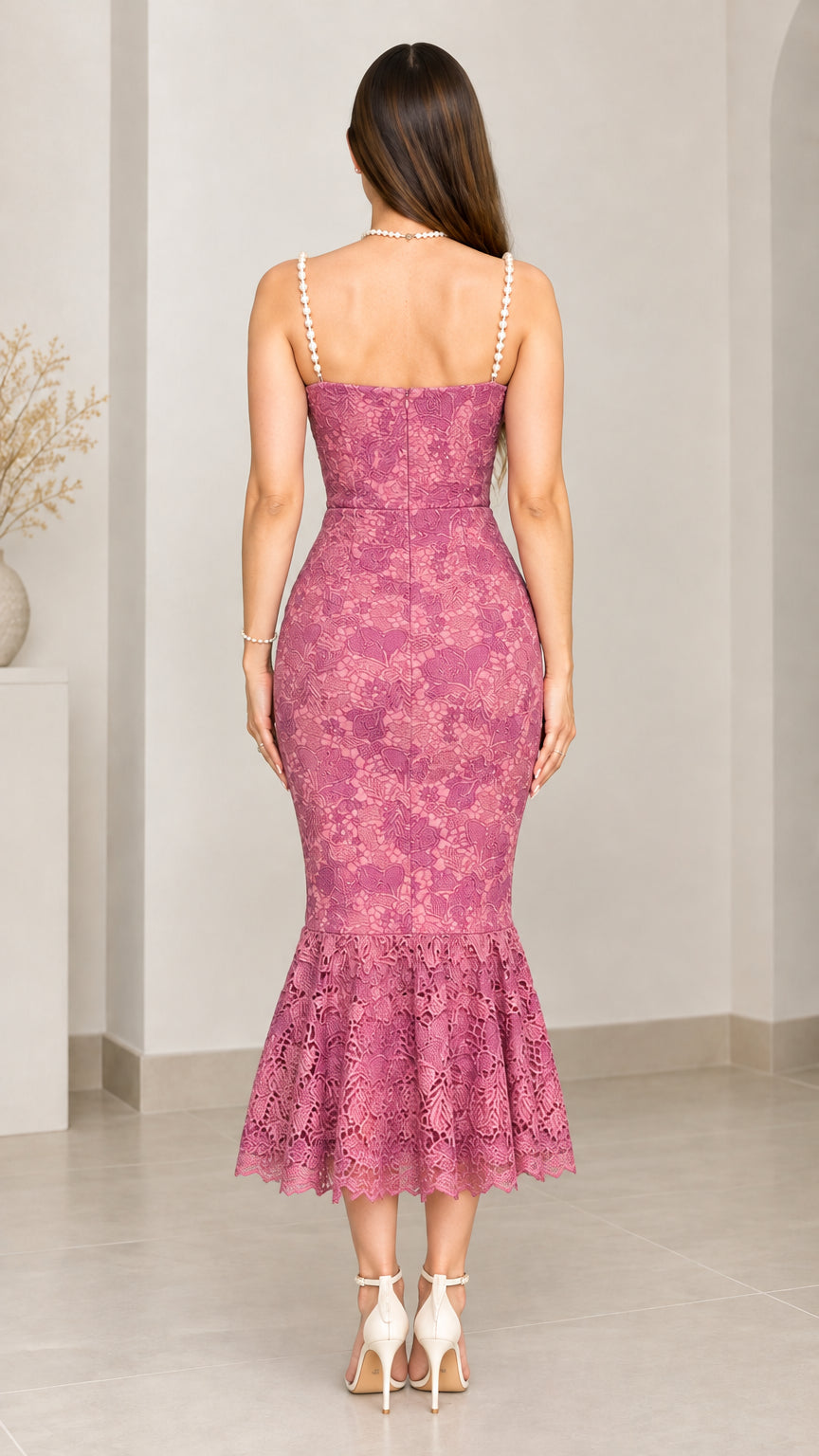Back view of Dusty Rose lace midi dress displaying sweetheart backline and flounce hem