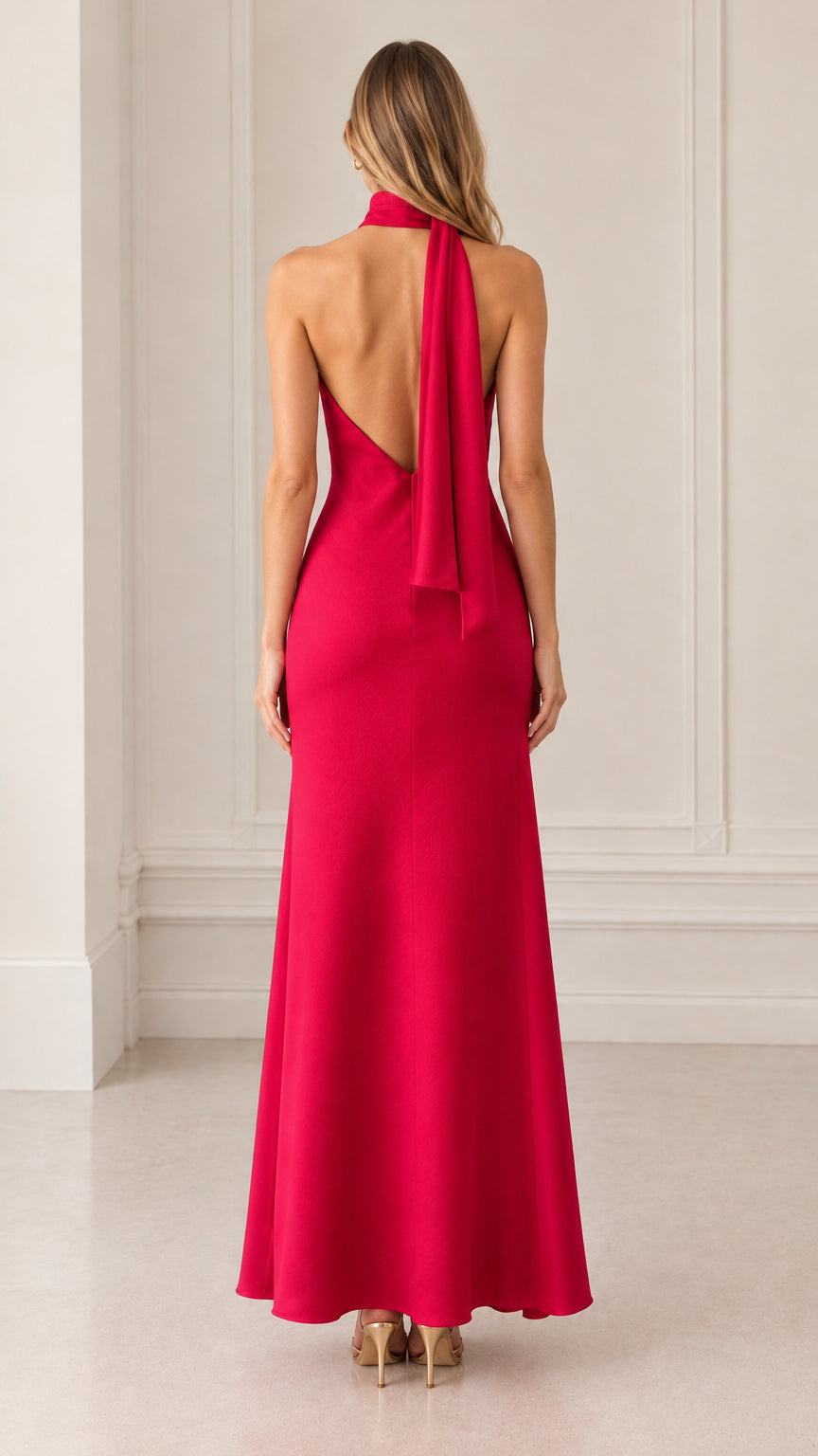 Back view of model showing open back and trailing scarf detail on fuchsia gown