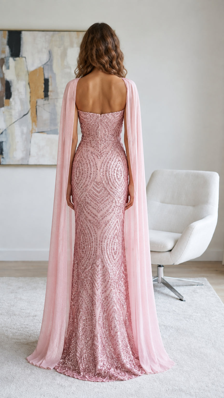 Back view of woman wearing dusty pink sequin floor-length gown and flowing cape