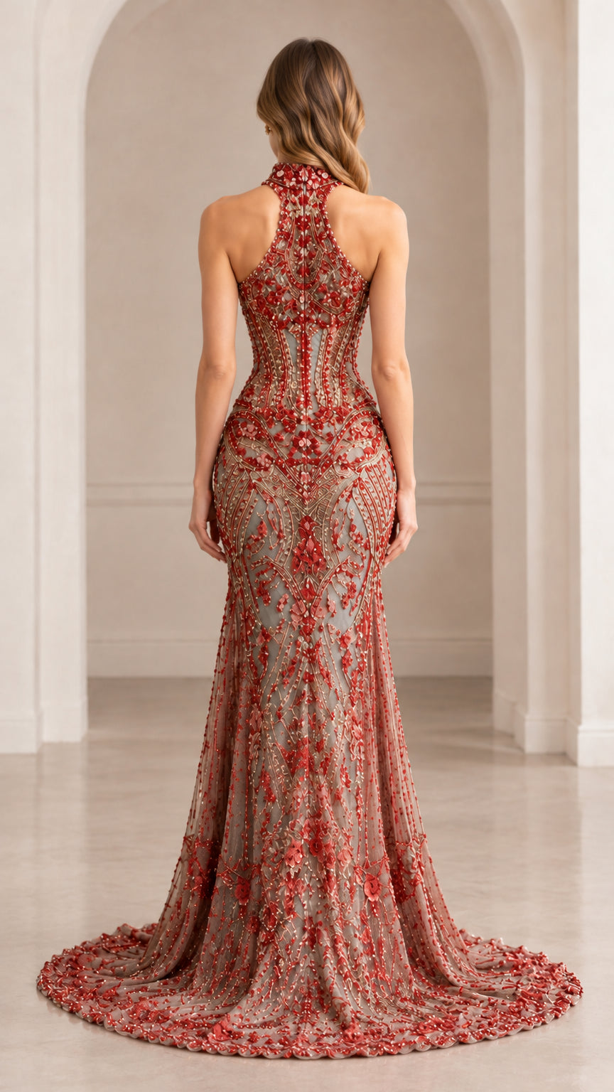 Back view of model wearing rust red beaded halter mermaid gown with open back design