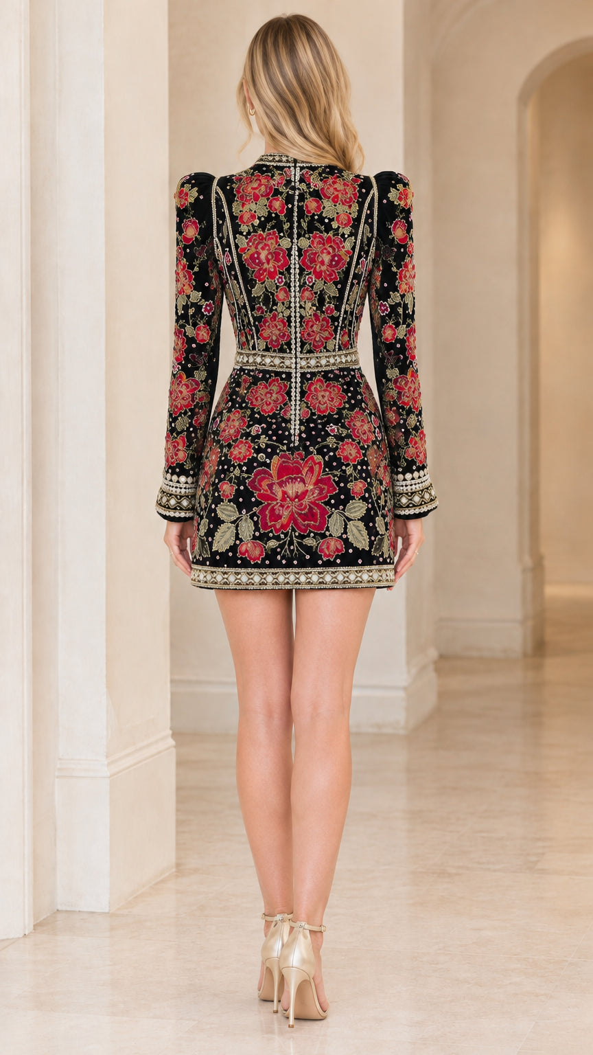 Back view of model in black embroidered long sleeve mini dress showcasing back zipper and tailored fit
