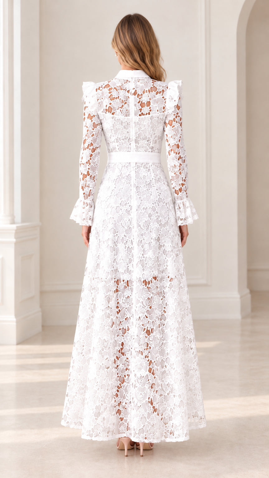 Back full view of white floral lace maxi dress showing zip closure