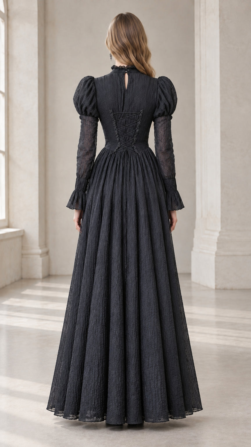 Back full view of black Victorian mock neck lace maxi dress