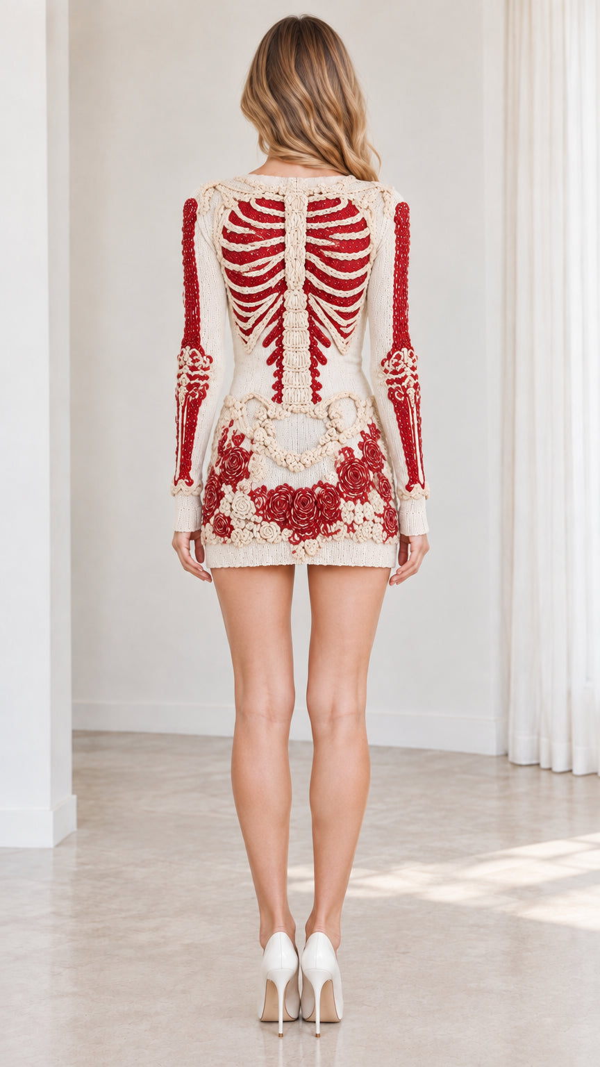 Back view of cream knit mini dress highlighting embroidered skeleton spine and ribcage pattern