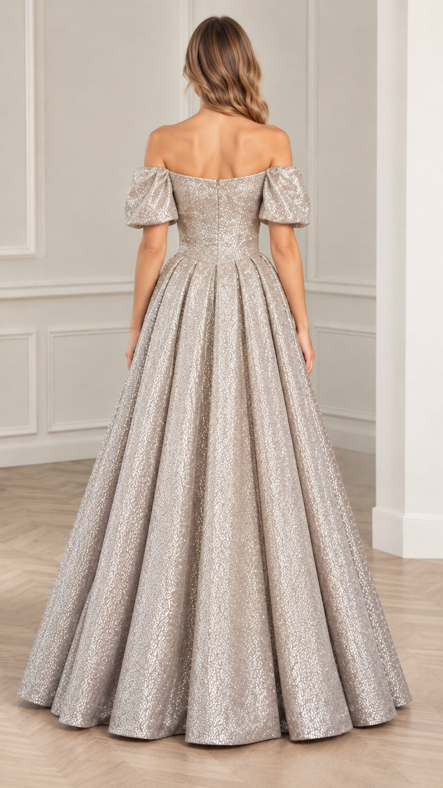 Back view of Champagne glitter evening dress showing back zipper closure and pleated skirt