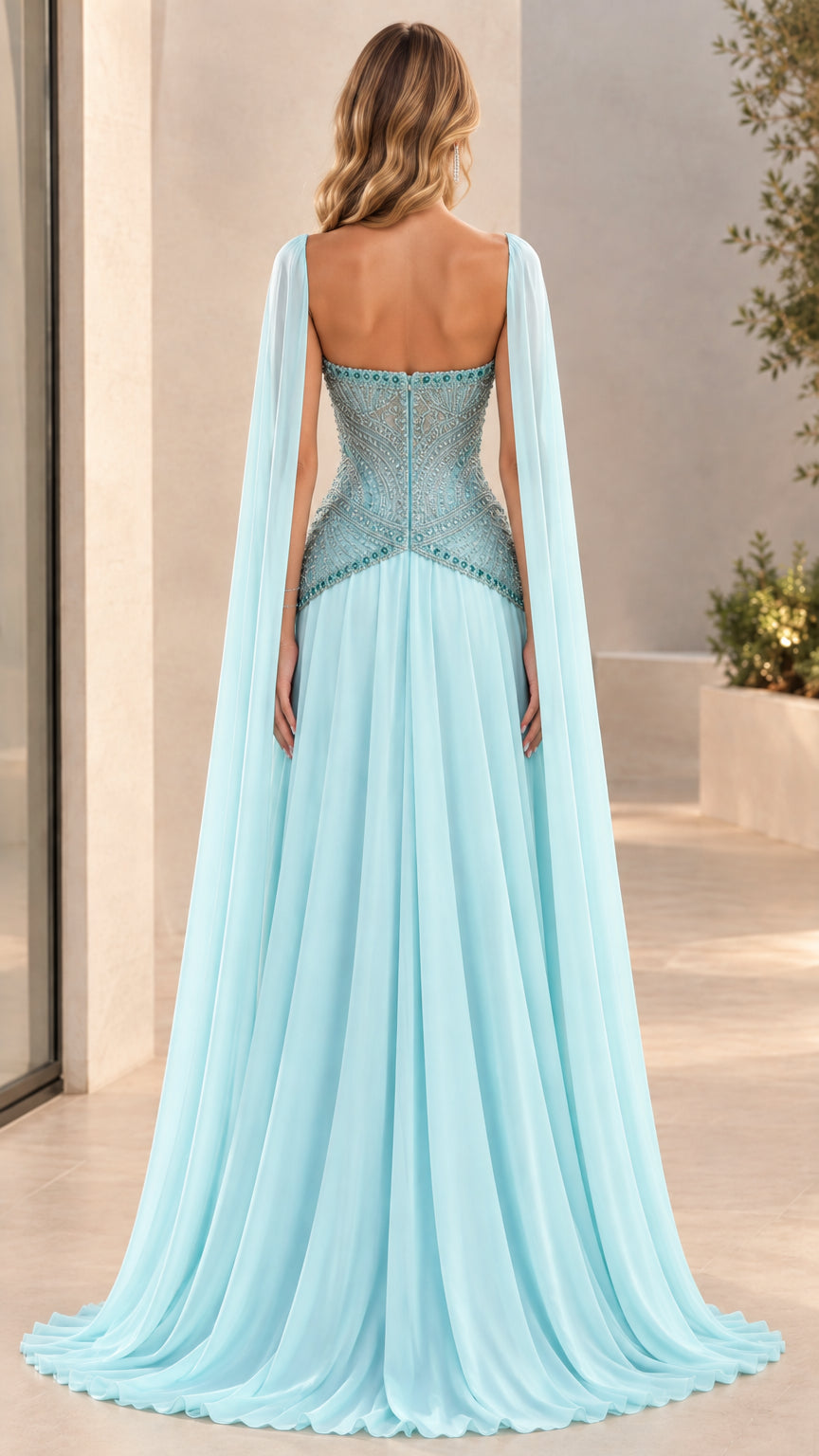 Back view of sky blue sweetheart corset evening gown showing cape drape