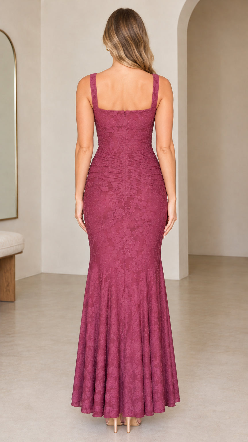Back view of woman wearing Dusty Rose lace formal gown with square back neckline
