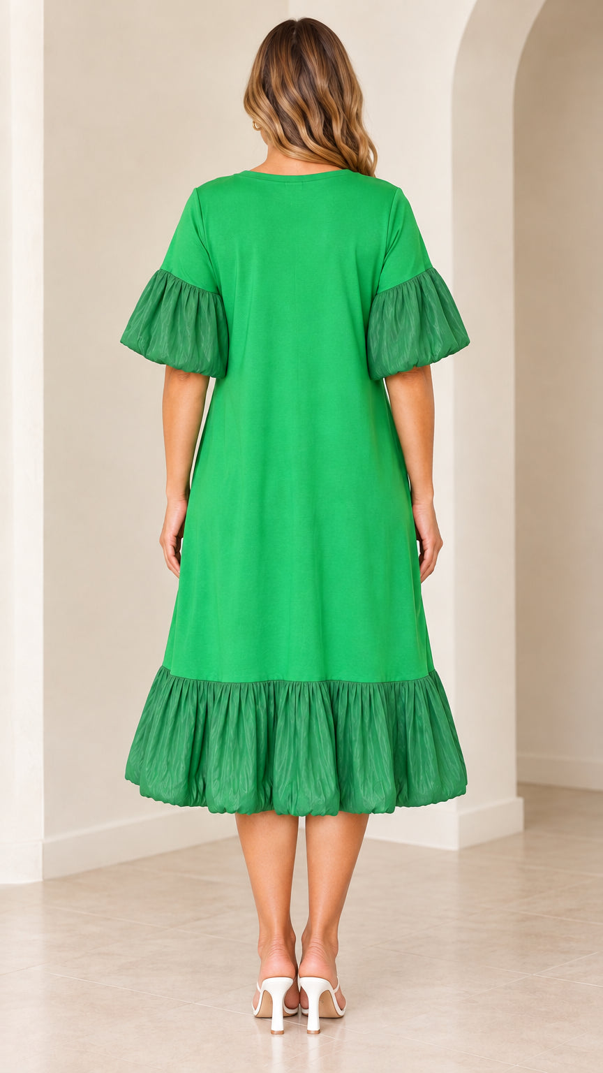 Back view of model wearing green tiered flutter sleeve midi dress