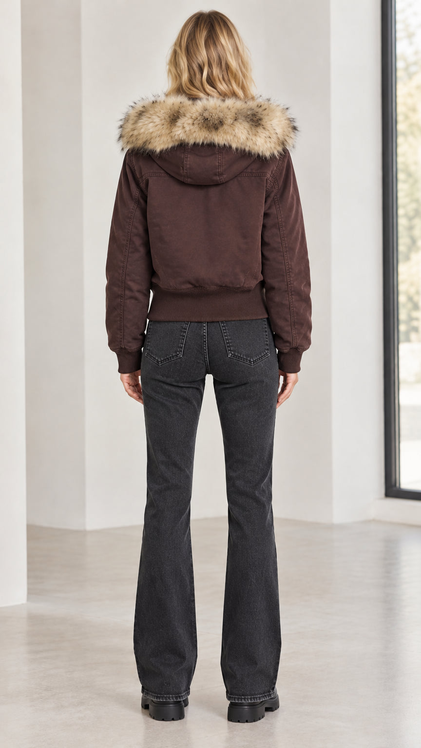 Back view of brown faux fur hood bomber jacket showing fit and ribbed hem