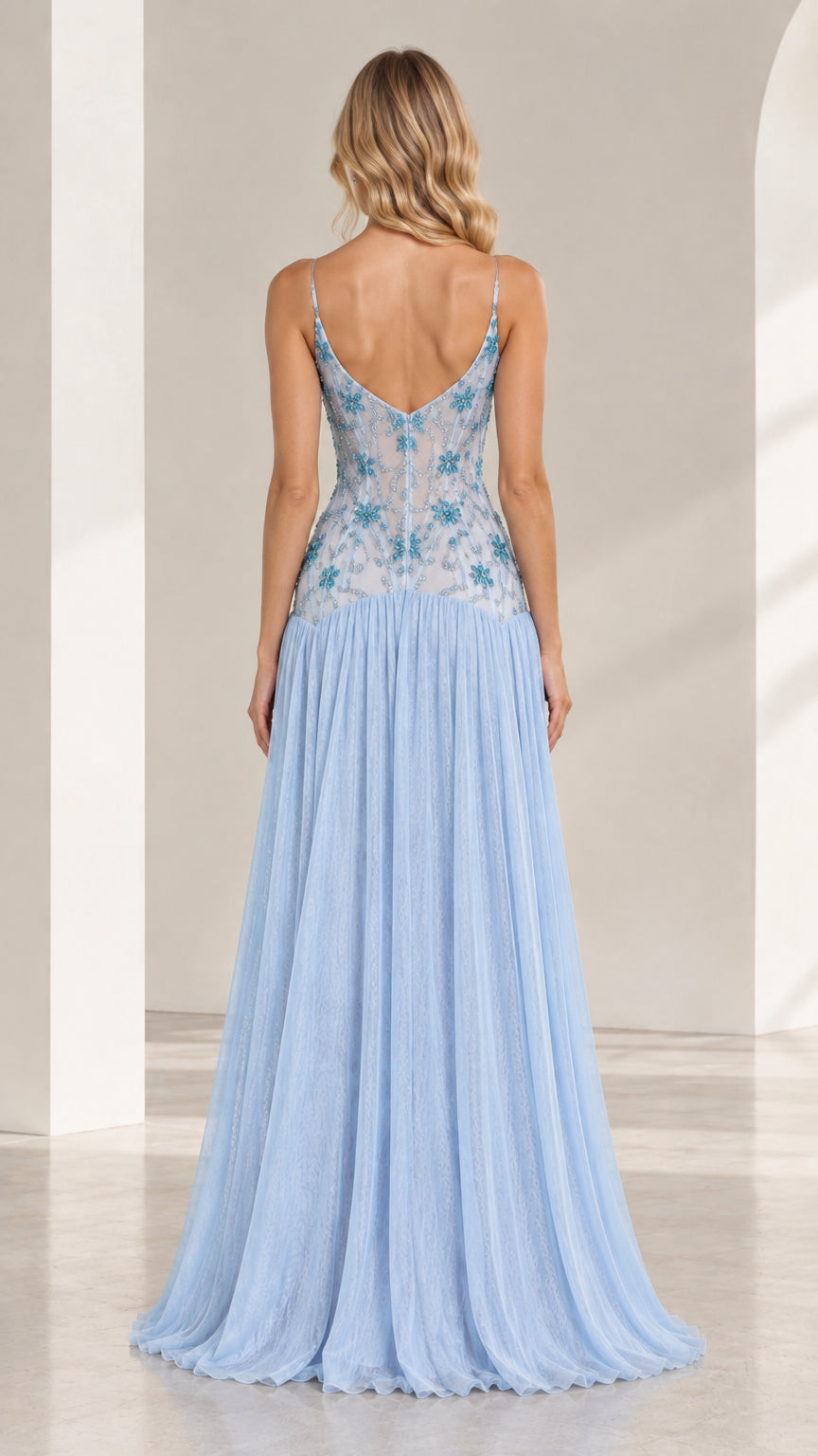 Back view of light blue beaded bodice maxi dress with low V-back design