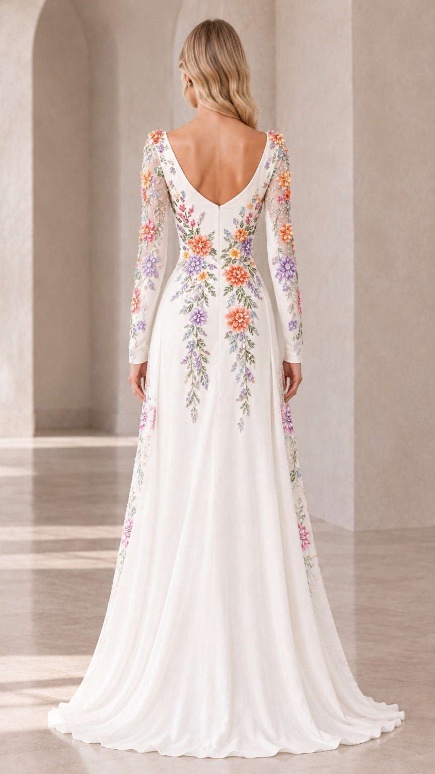 Rear view of white floor-length evening gown showcasing plunging V-back and embroidery