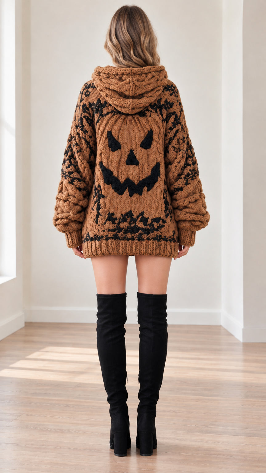 Back view of brown hooded sweater dress showcasing jack-o'-lantern knit face