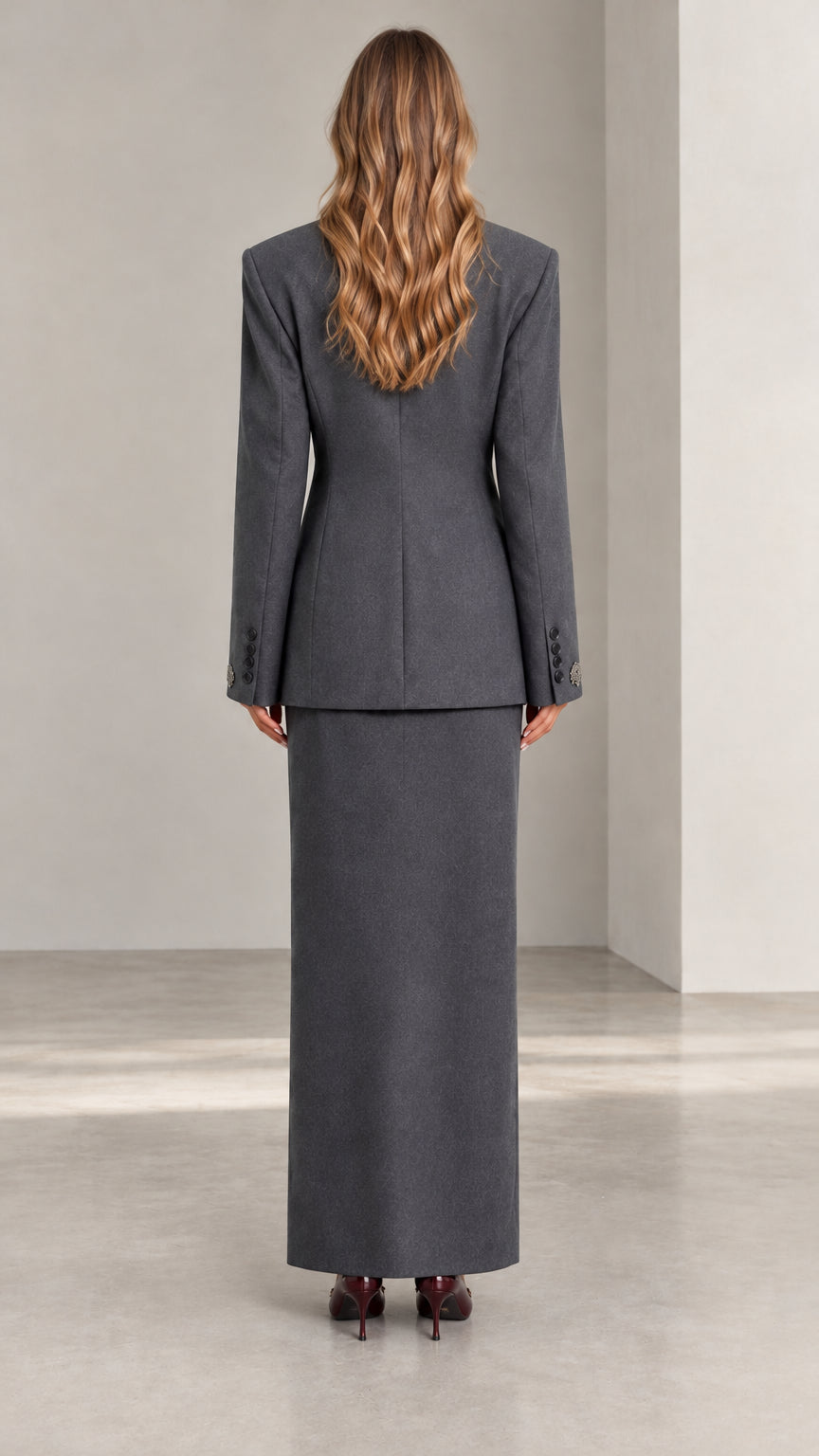 Rear back view of Charcoal Grey structured blazer and straight maxi skirt set