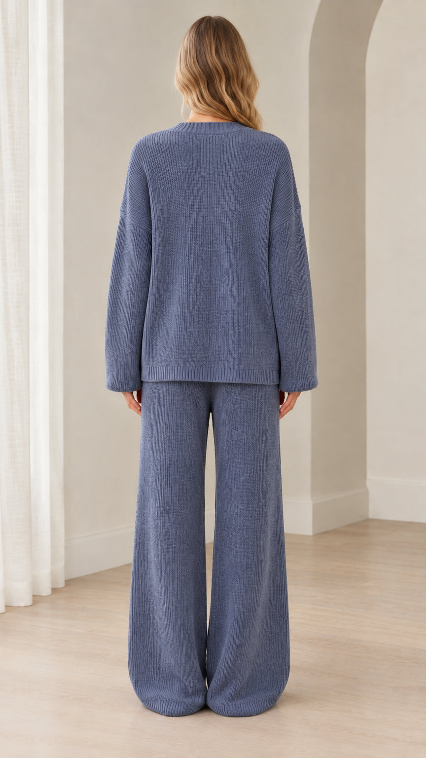 Back full view of woman wearing Dusty Blue ribbed knit wide leg lounge set