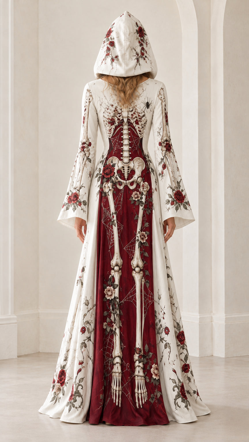 Back view of hooded gothic skeleton print maxi dress in white and burgundy