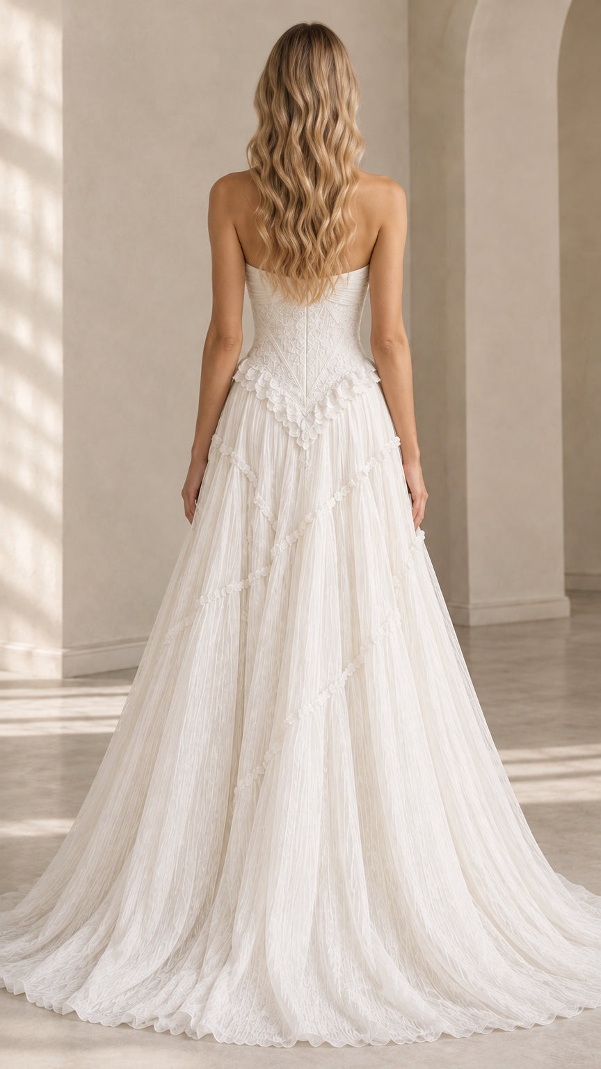Back view of model in ivory strapless gown showing train and pleated tulle skirt