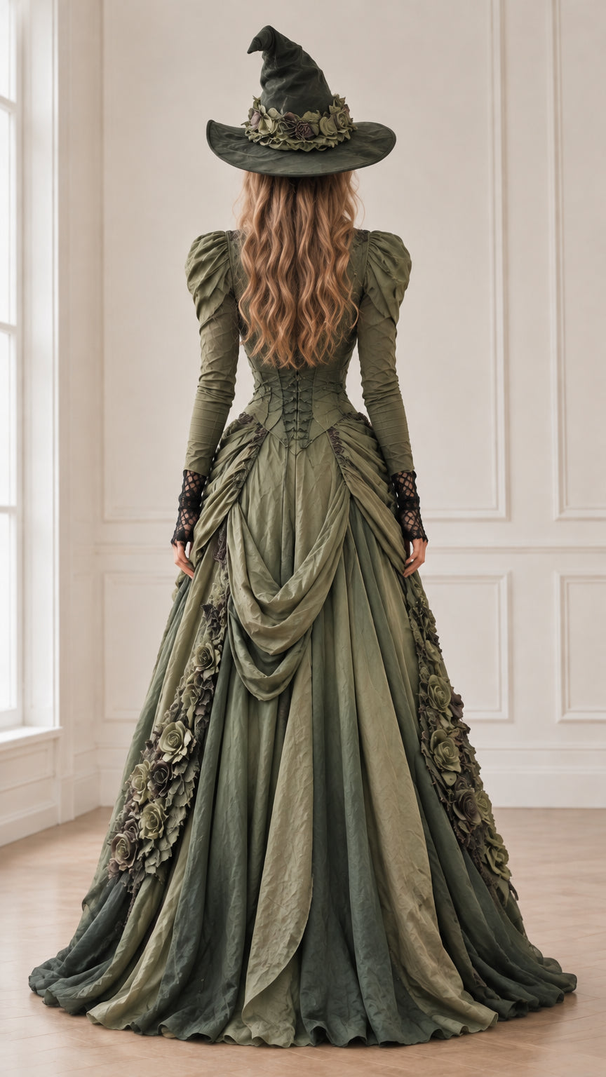 Back view of the moss green Victorian witch gown featuring back corset lacing and floor-length train